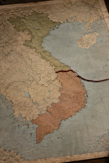 Vintage map of Vietnam with a cord marking the country's division