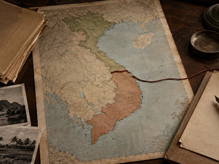 Vintage map of Vietnam with a cord marking the country's division