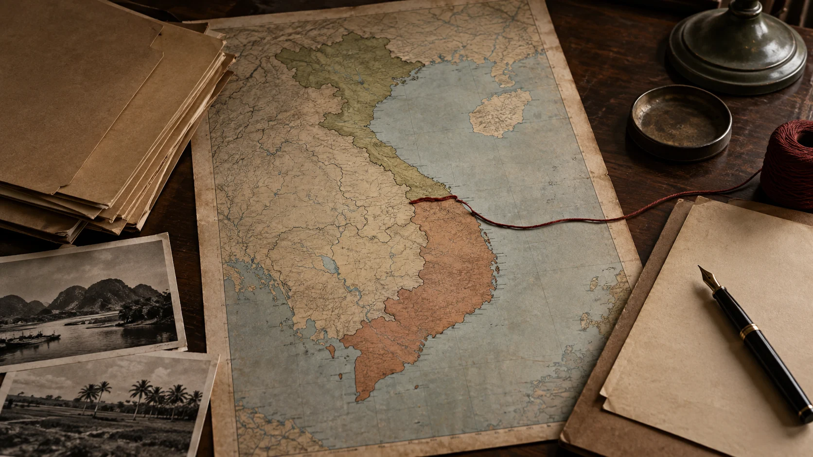 Vintage map of Vietnam with a cord marking the country's division