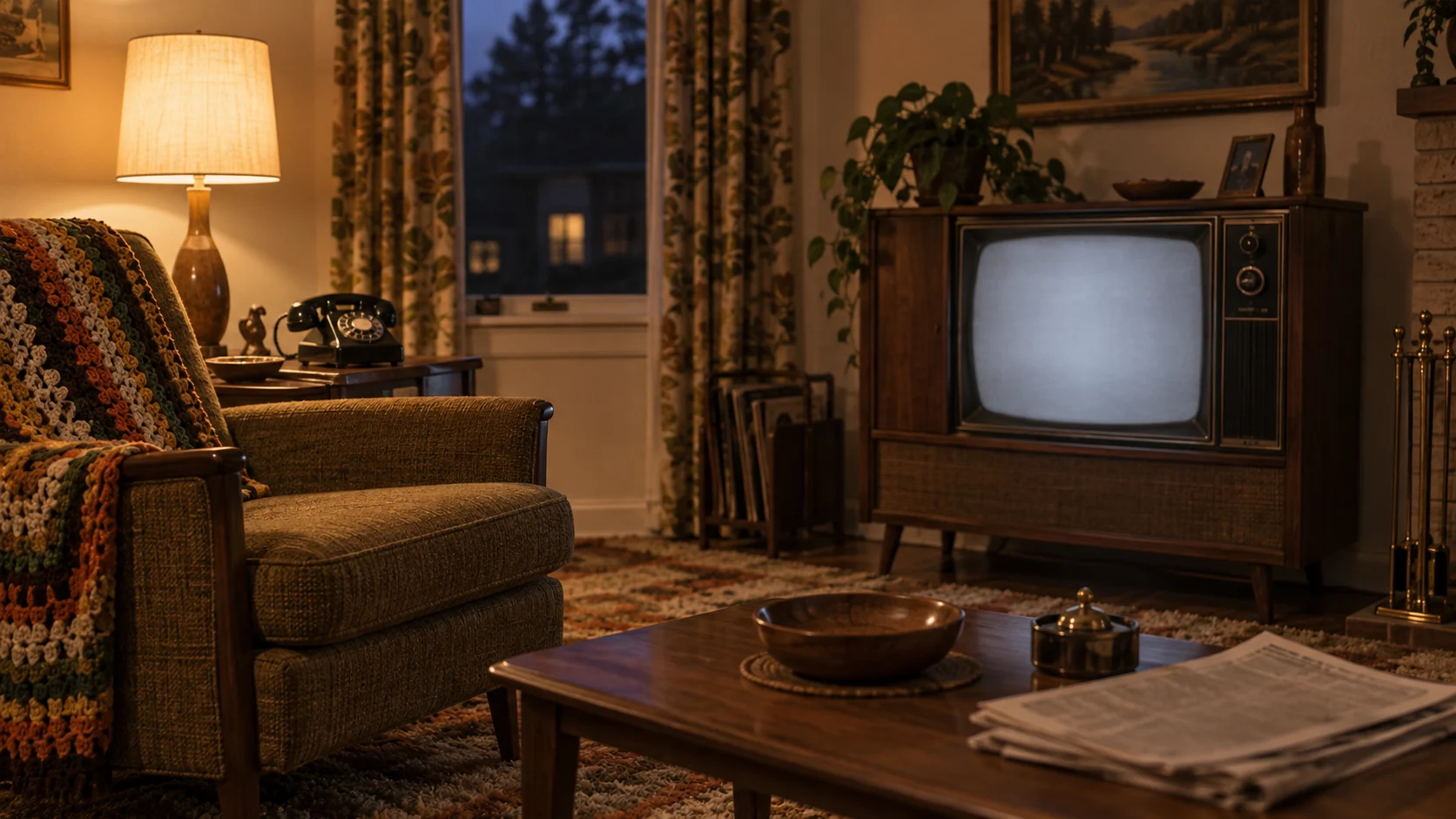 Late-1960s living room with a glowing television and empty armchair