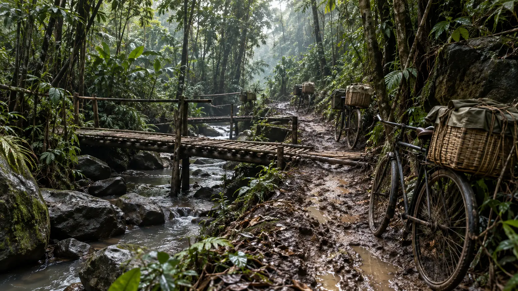 Supply bicycles beside a muddy jungle trail and bamboo footbridge in Vietnam