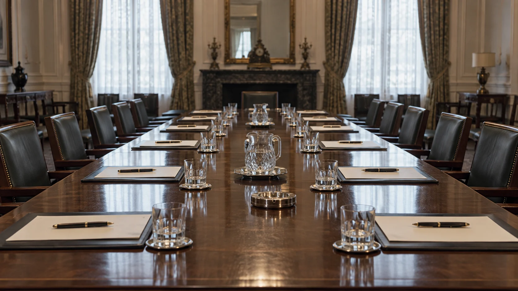 Empty early-1970s peace conference table prepared with blank documents and water glasses