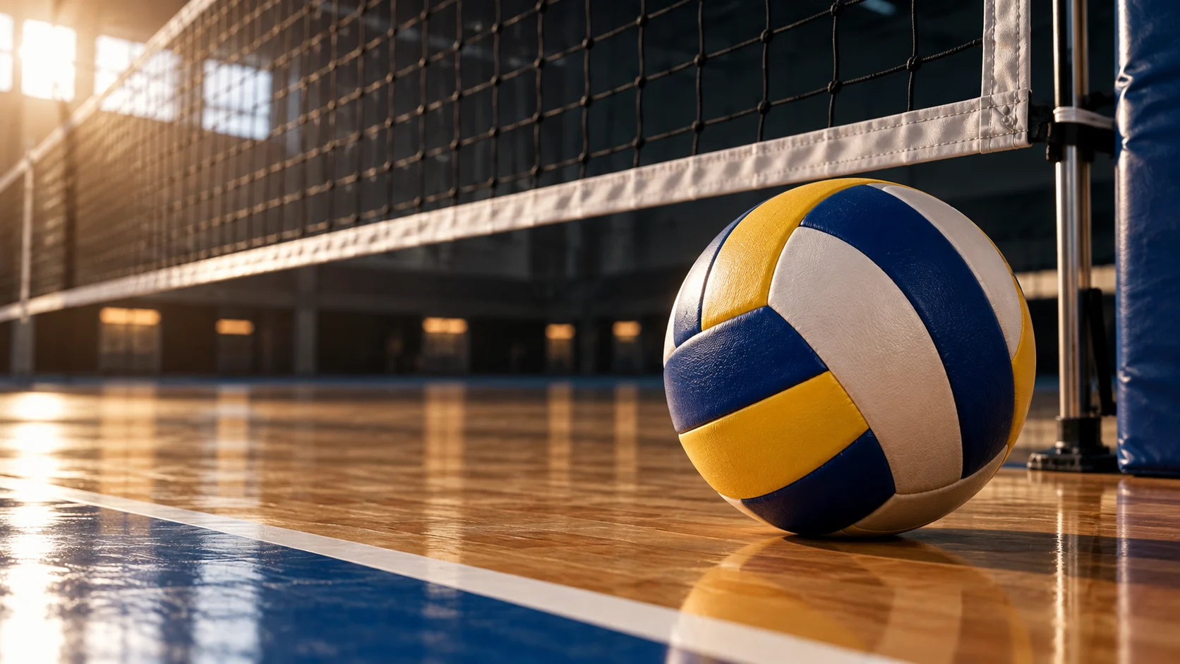 Blue, yellow, and white volleyball resting beside the net