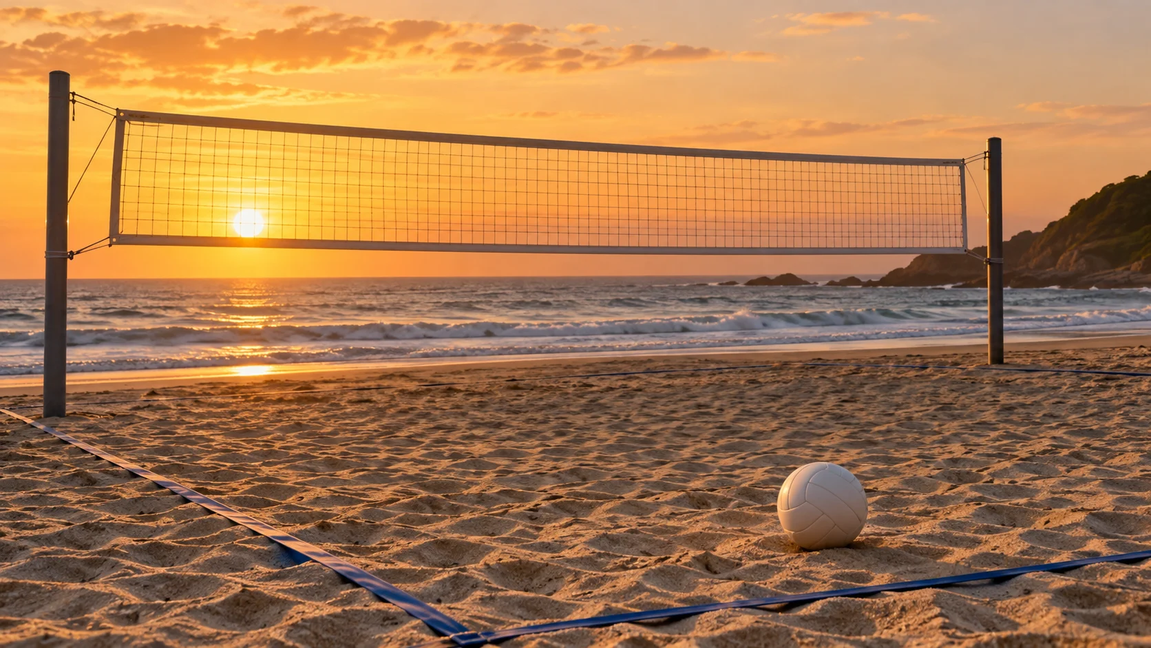 Empty beach volleyball court and ball beside the ocean at sunset