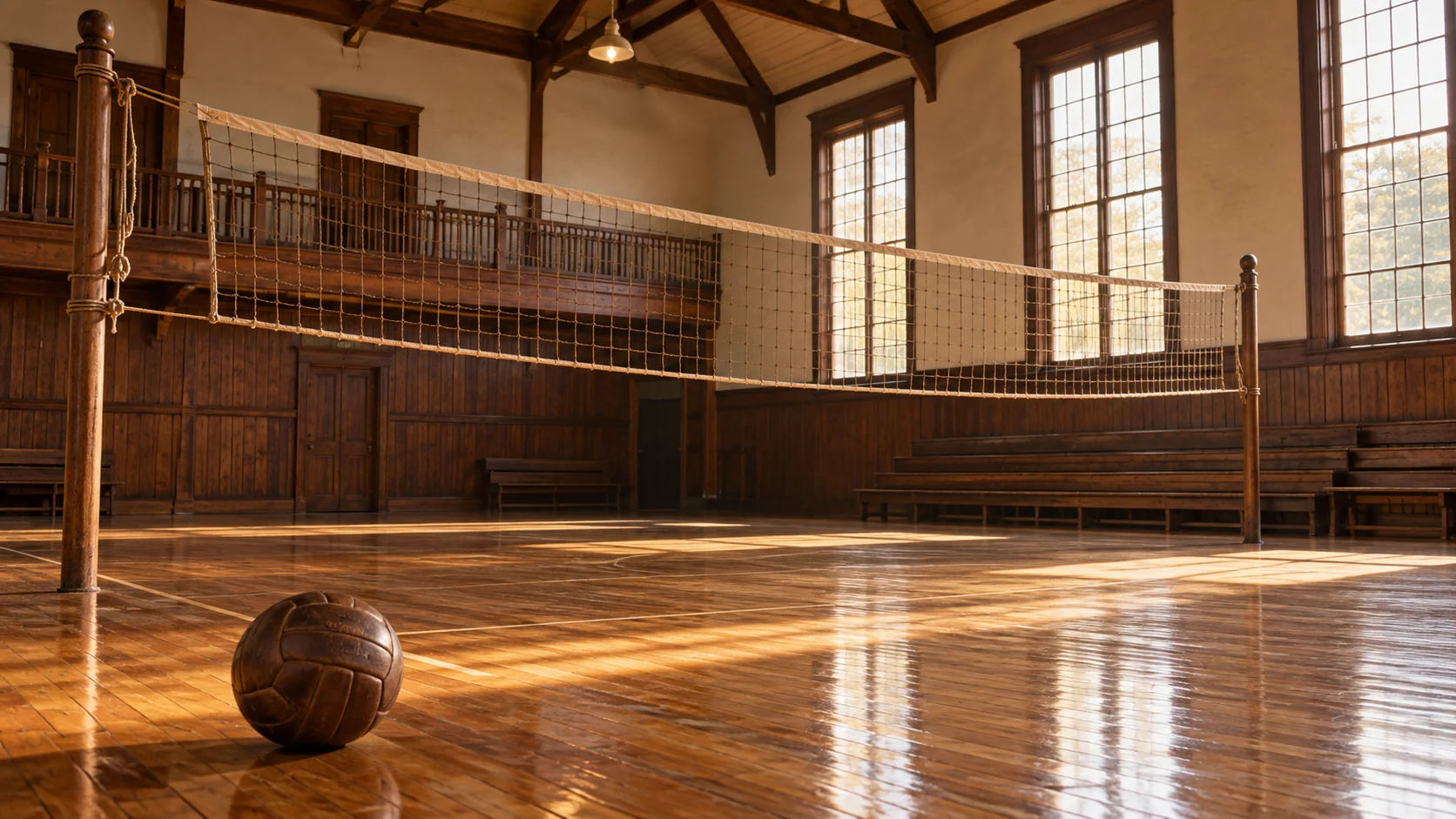 Antique leather volleyball beneath a high net in a historic gym