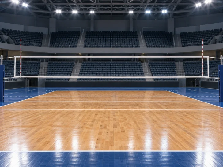 Empty indoor volleyball arena with a regulation net and polished court