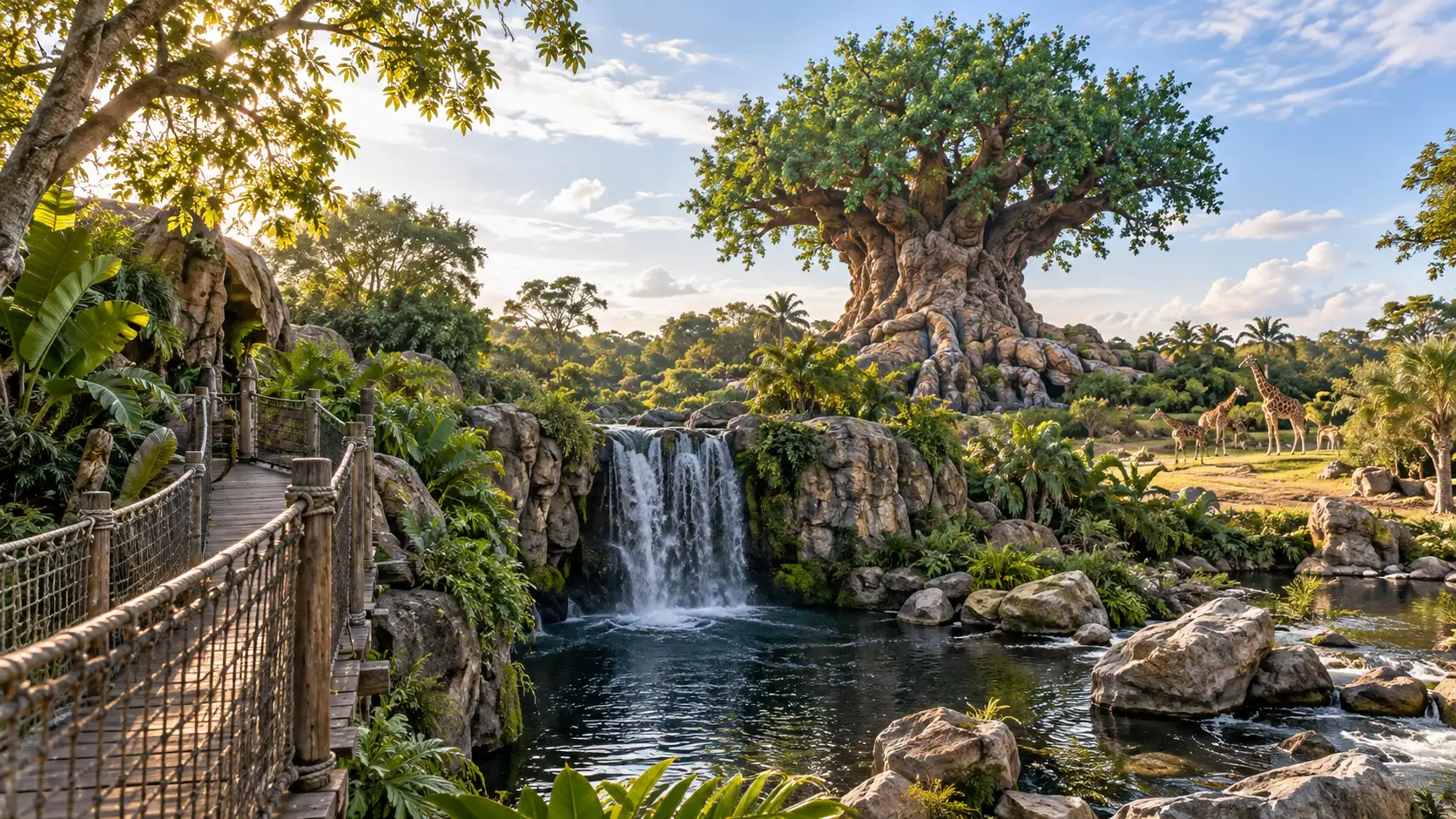 Lush animal park with sculpted baobab-like tree bridge waterfall and giraffes