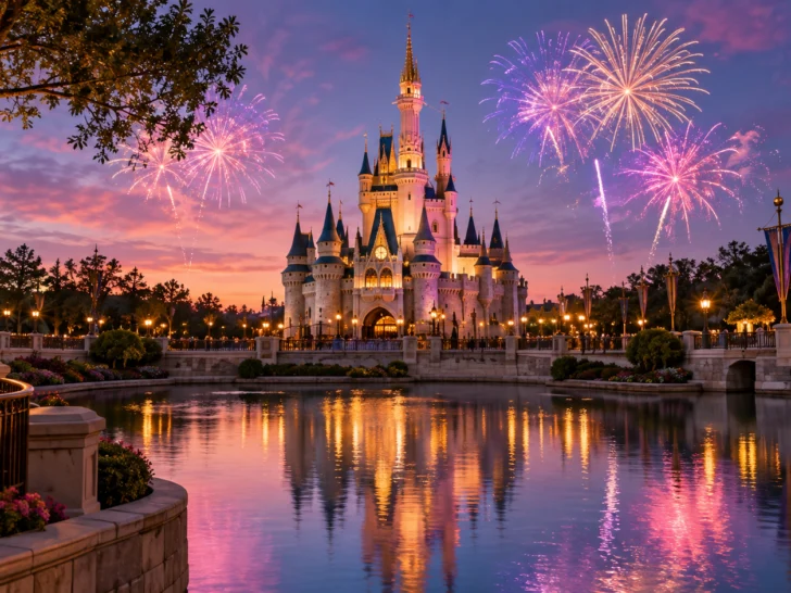 Original fairytale theme-park castle reflected in a lagoon beneath fireworks