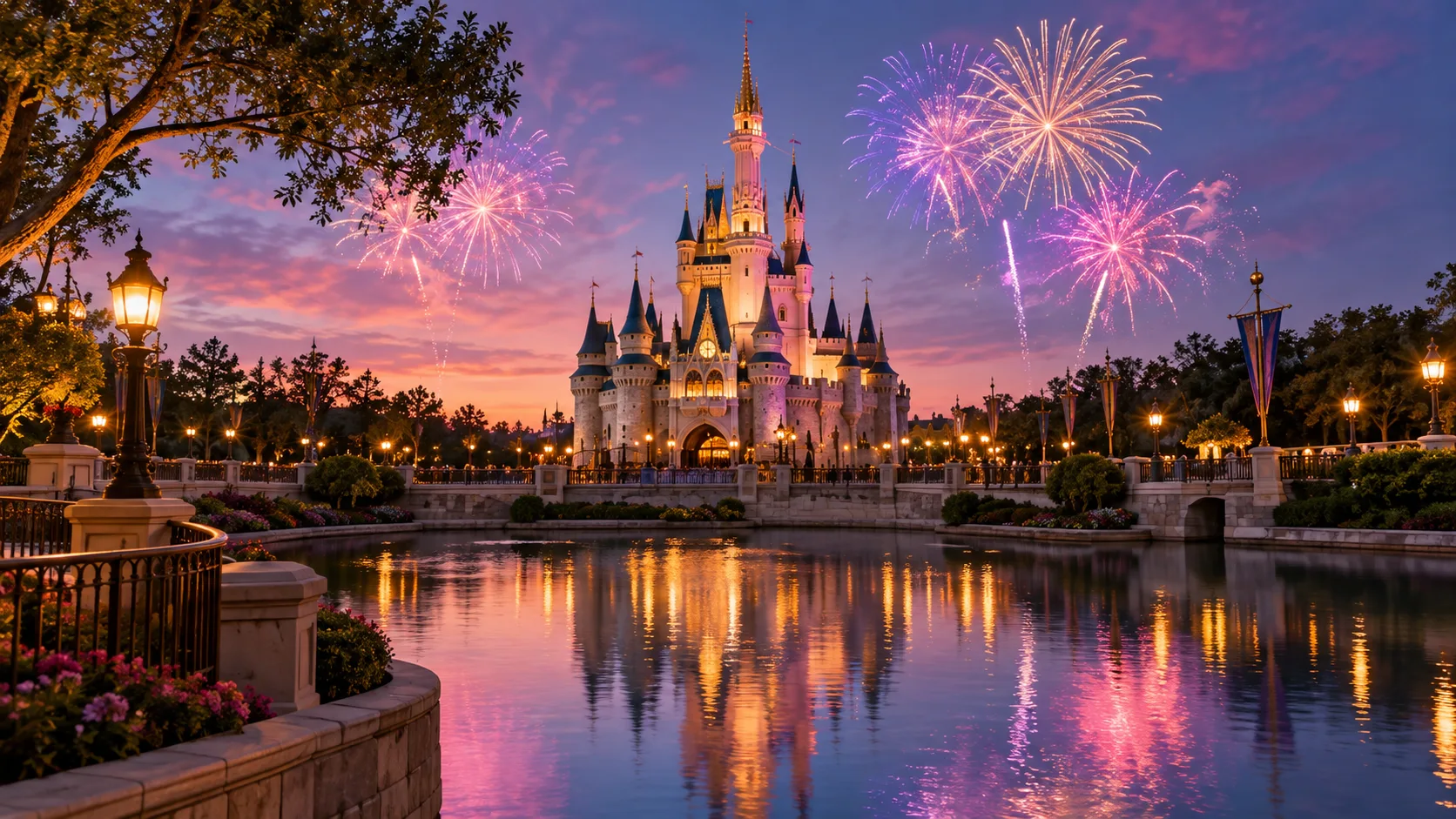 Original fairytale theme-park castle reflected in a lagoon beneath fireworks