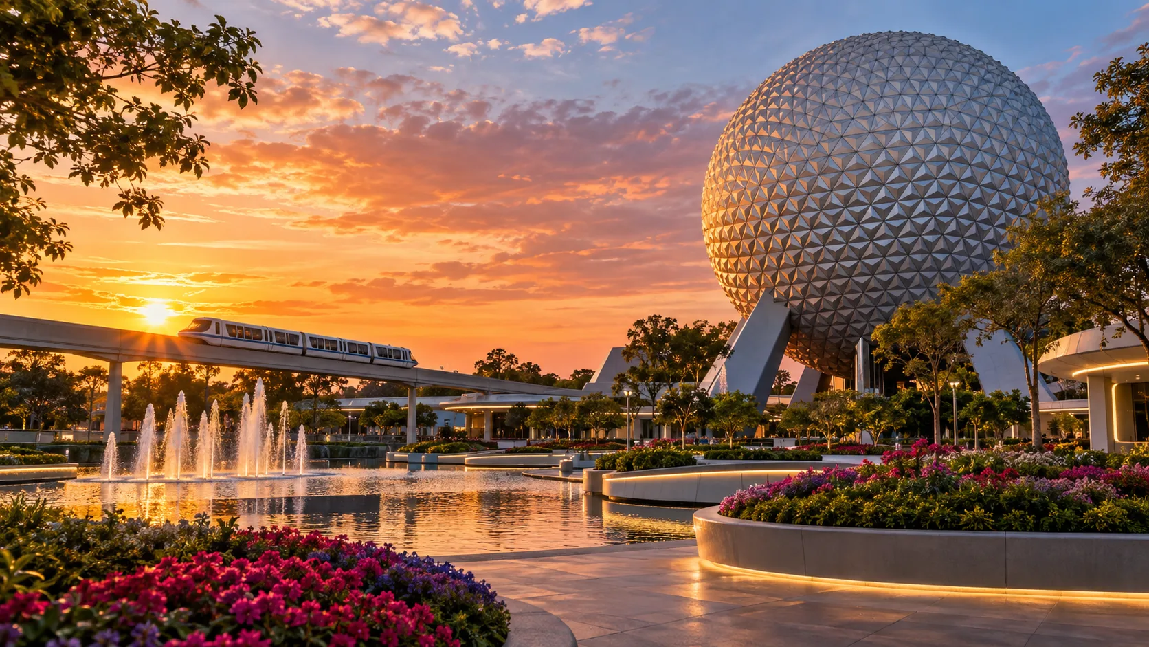 Futuristic theme-park plaza with geometric sphere monorail and gardens