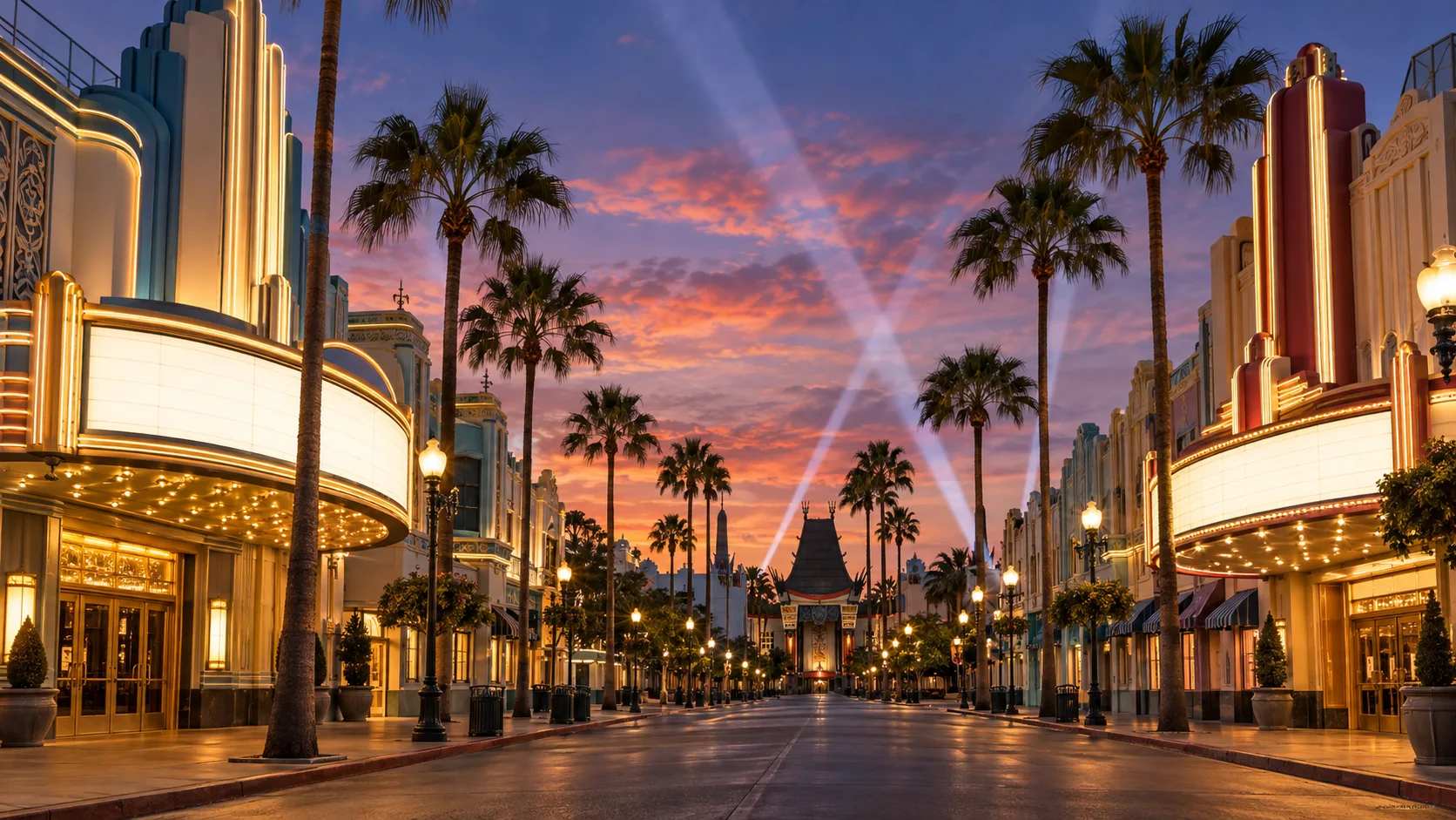 Art deco theme-park boulevard with palm trees searchlights and blank marquees