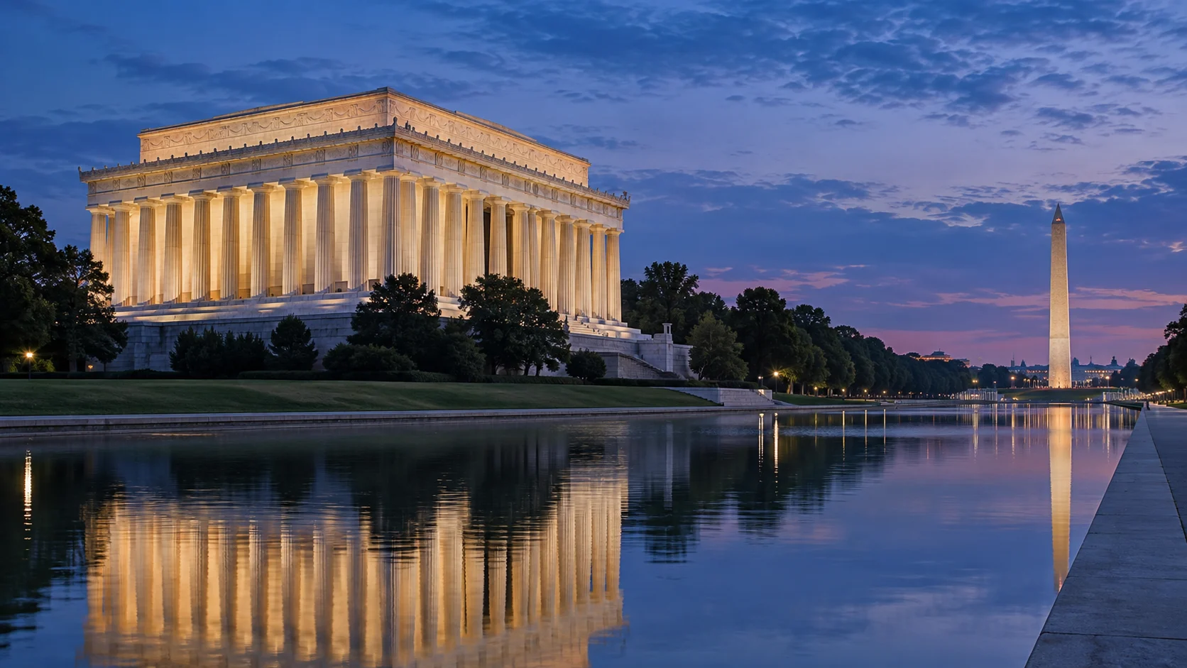 The Lincoln Memorial reflected across the water in Washington, D.C.