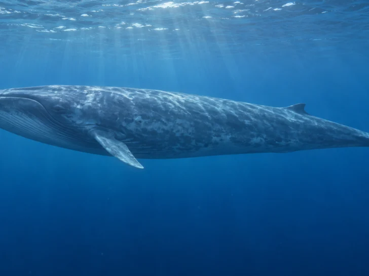 Blue whale swimming in clear open ocean beneath sunlit water