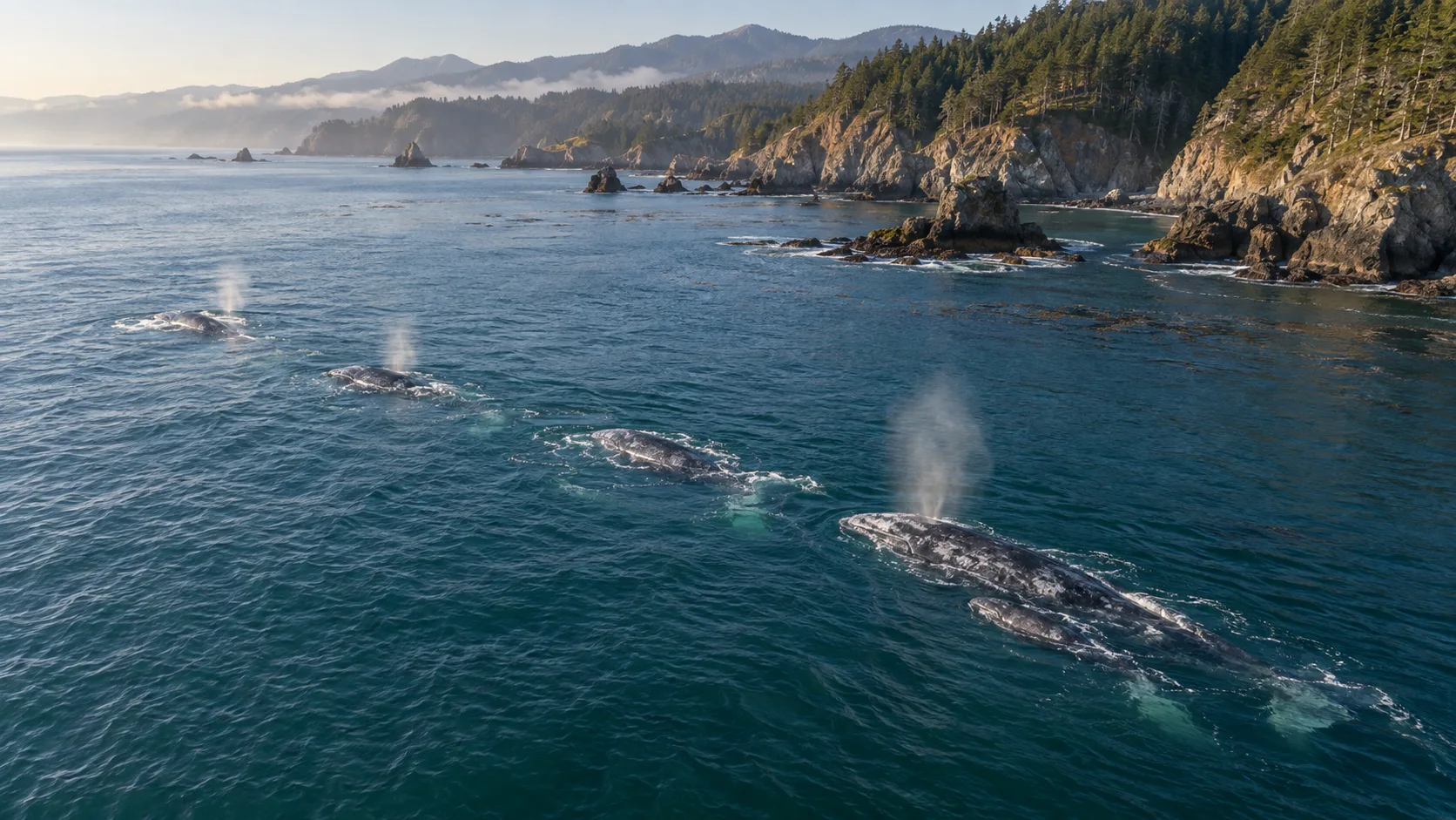 Gray whales migrating in a line beside the rugged Pacific coast