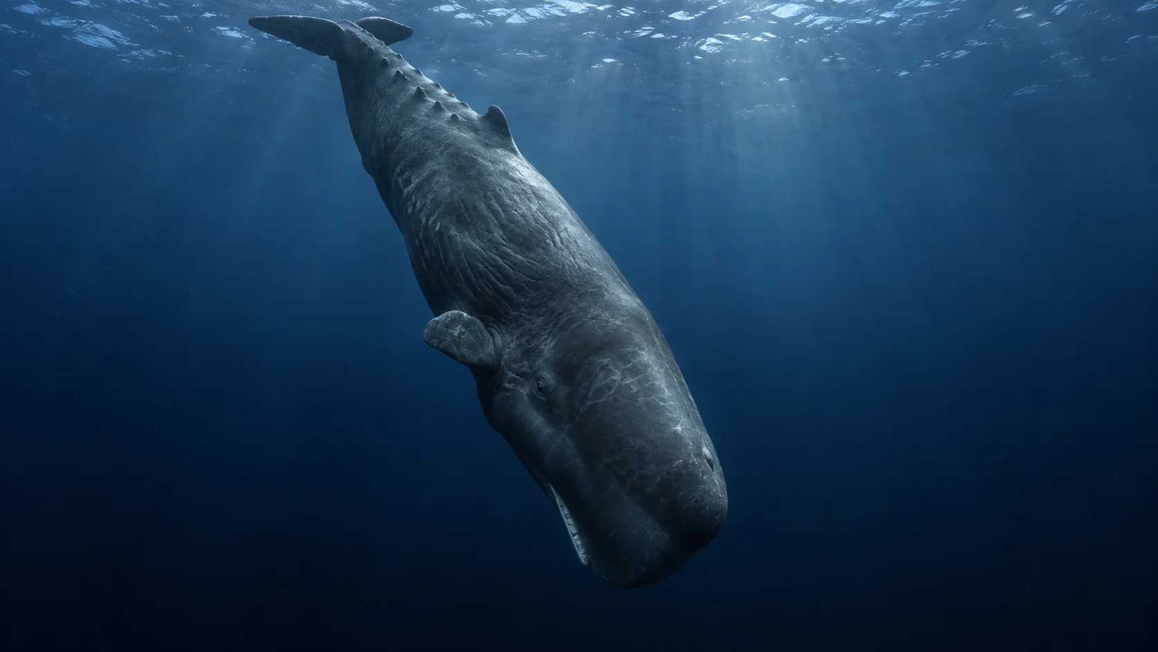 Sperm whale descending head-first into deep blue water