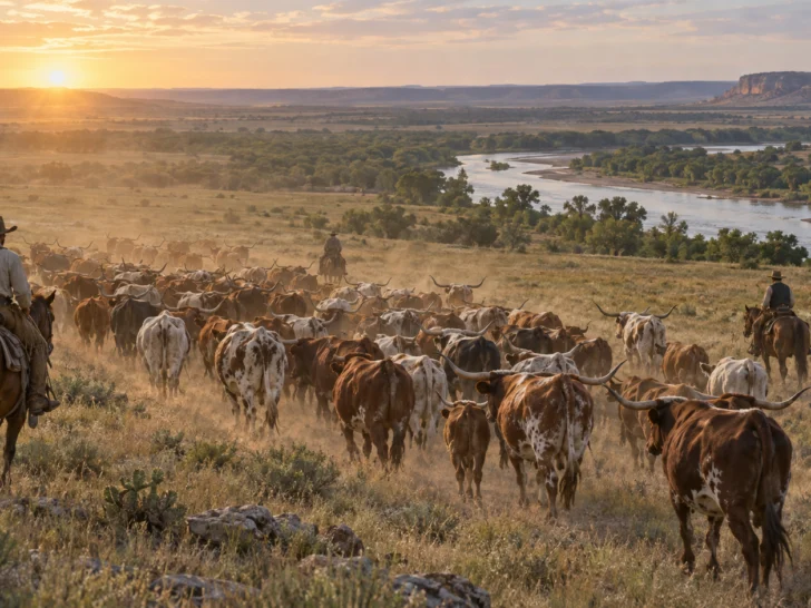 Cowboys guiding a longhorn herd across Texas plains toward a river