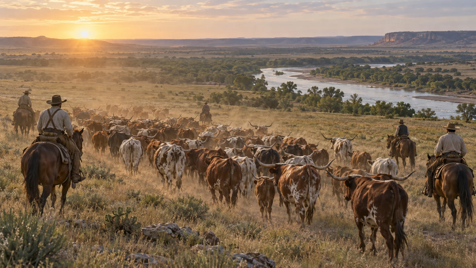 Cowboys guiding a longhorn herd across Texas plains toward a river