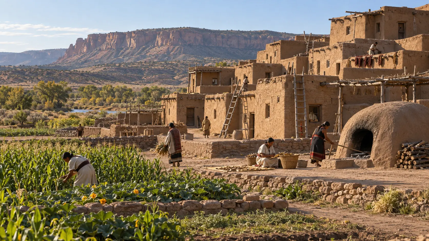 Pueblo residents working among adobe homes fields and outdoor ovens