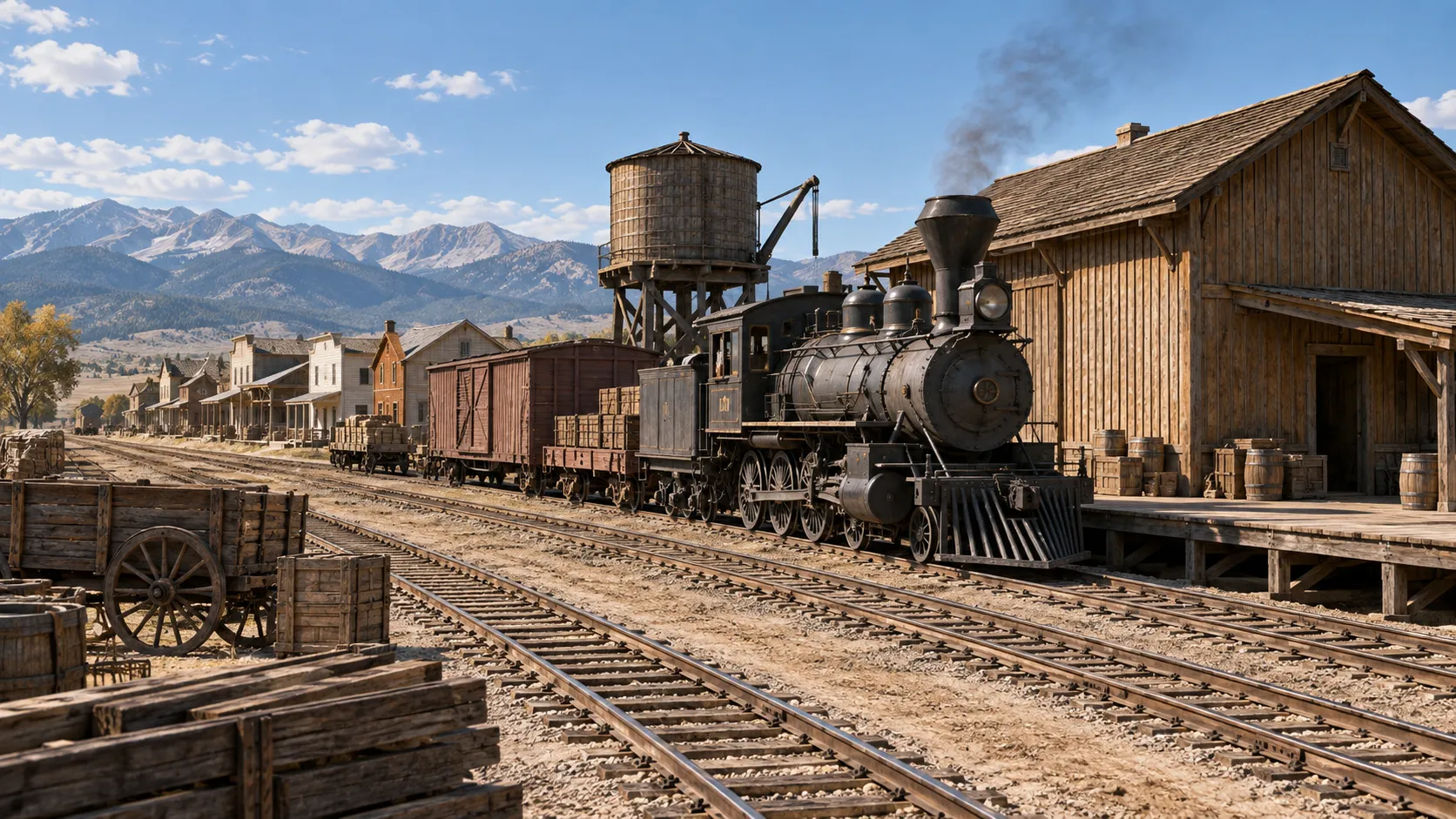 Steam locomotive and freight cars beside an unmarked western town depot