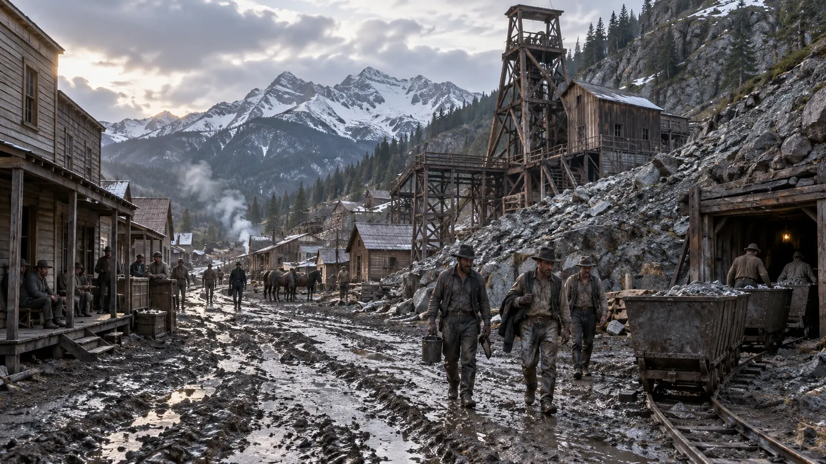 Miners walking through a muddy silver boomtown below a timber headframe