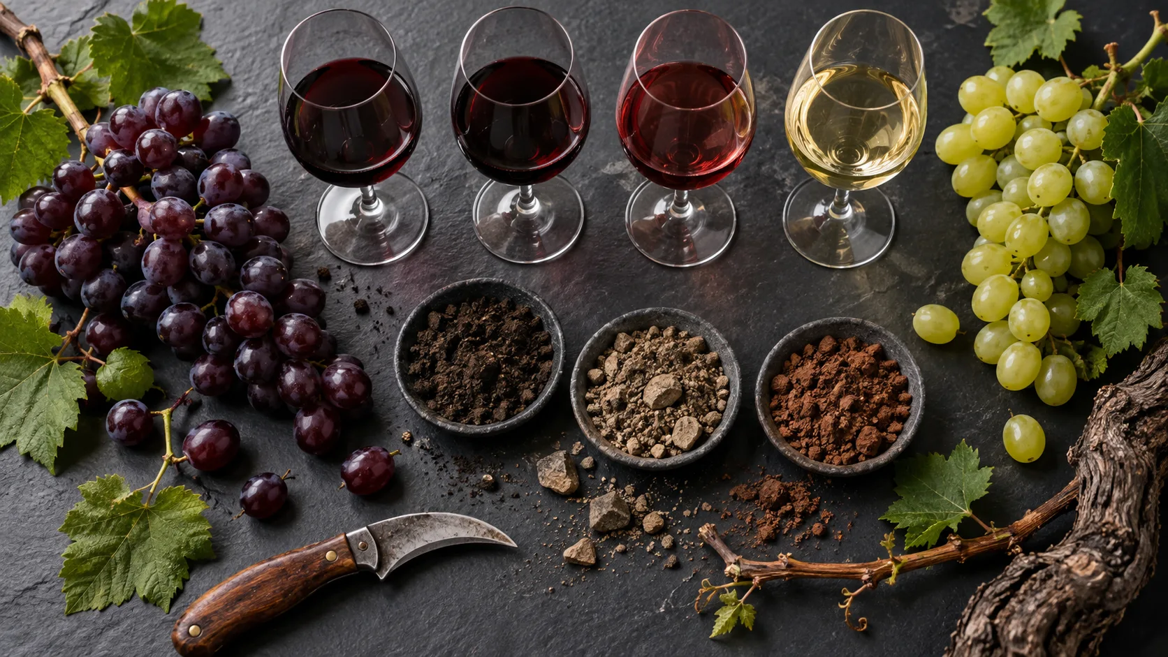 Red and white grapes with soil samples, pruning knife, and tasting glasses