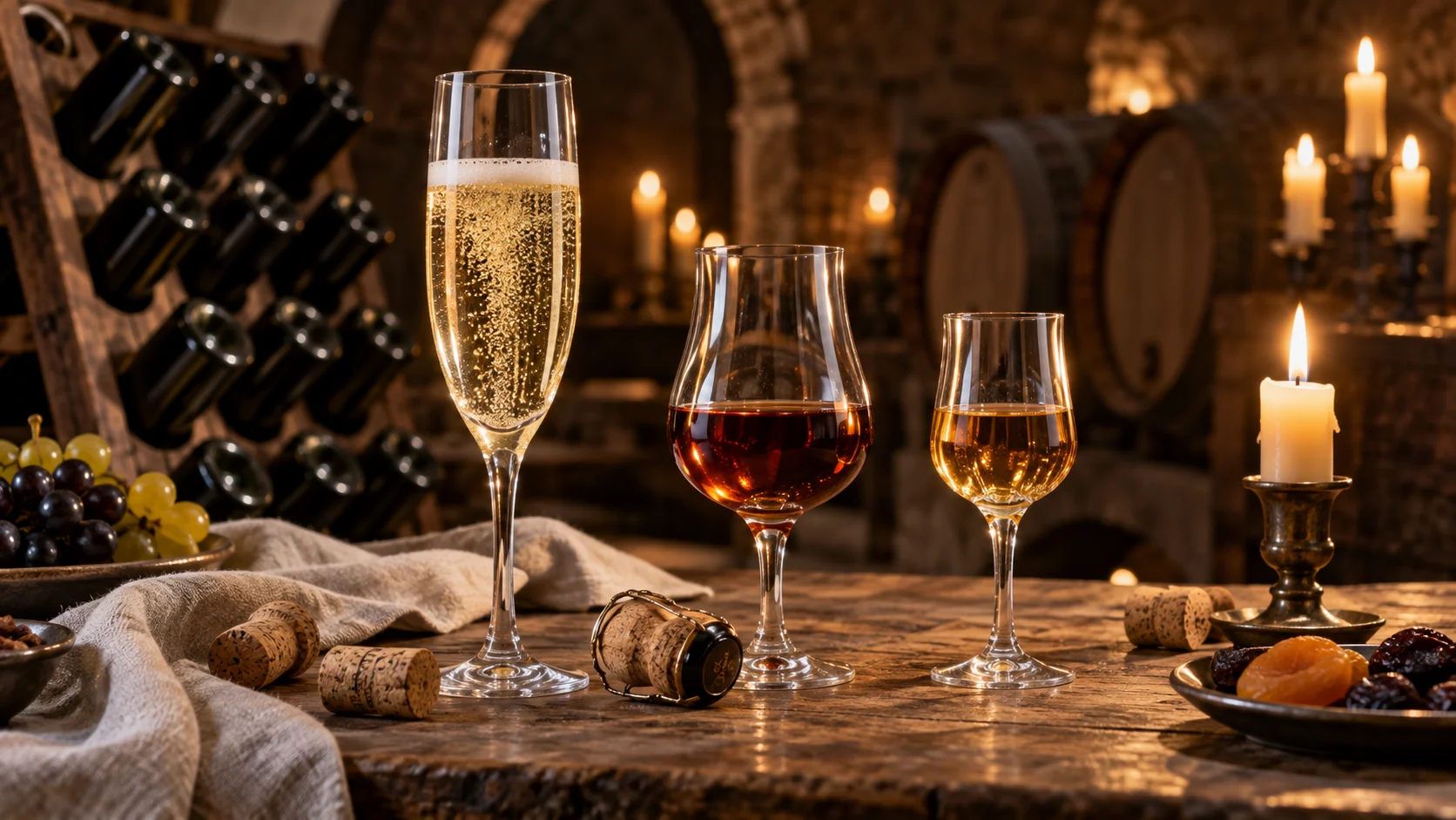 Sparkling, fortified, and dessert wine glasses beside corks and riddling rack
