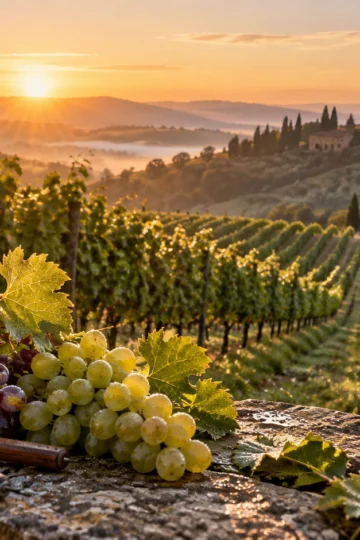 Hillside vineyard at sunrise with grape clusters, shears, and harvest basket