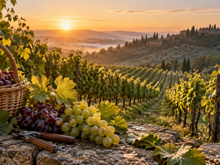 Hillside vineyard at sunrise with grape clusters, shears, and harvest basket