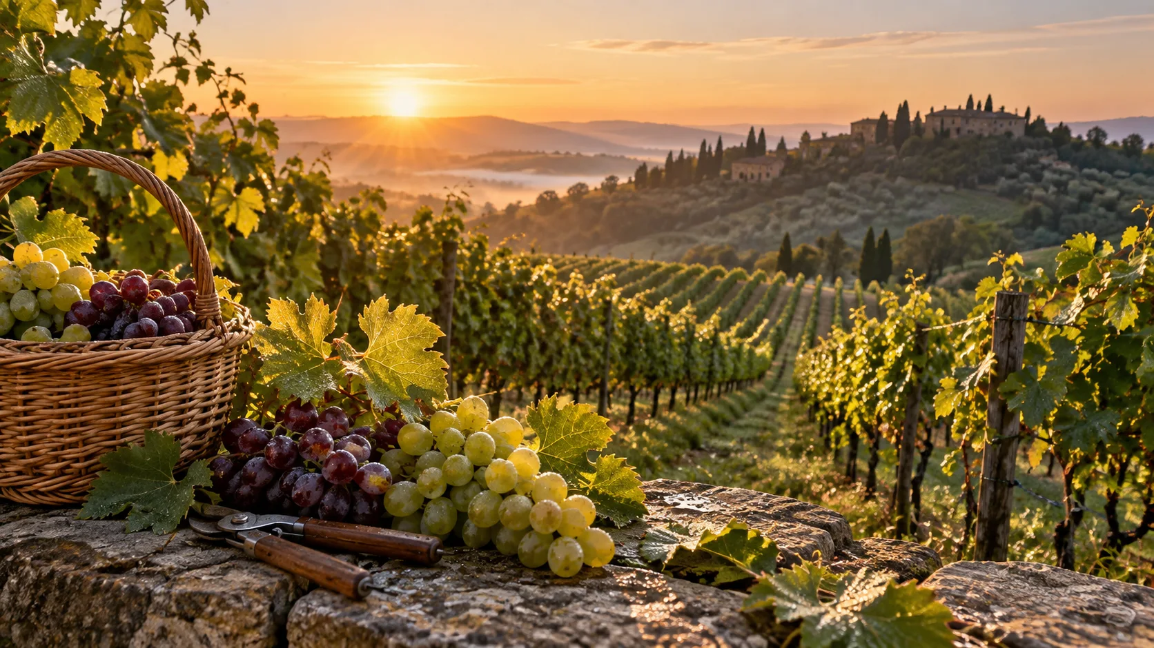 Hillside vineyard at sunrise with grape clusters, shears, and harvest basket