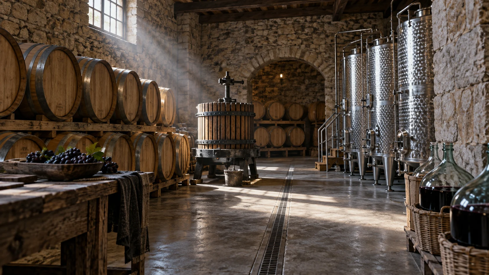 Wine cellar with oak barrels, fermentation tanks, grape press, and carboys