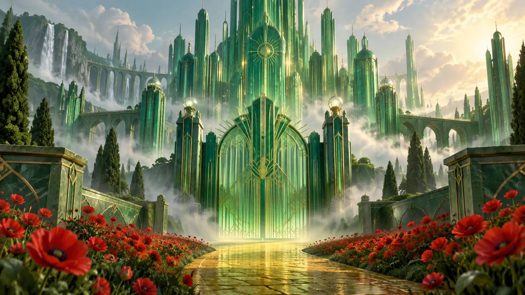 Glowing emerald-green palace gates surrounded by mist and poppies