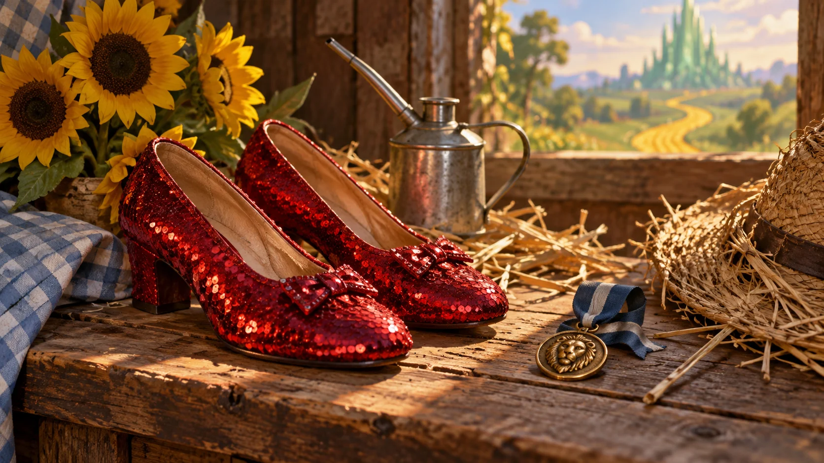 Sparkling red shoes with sunflowers an oil can straw and medal