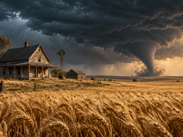Kansas farmhouse and wheat field beneath a distant tornado