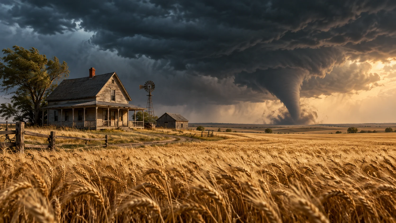 Kansas farmhouse and wheat field beneath a distant tornado