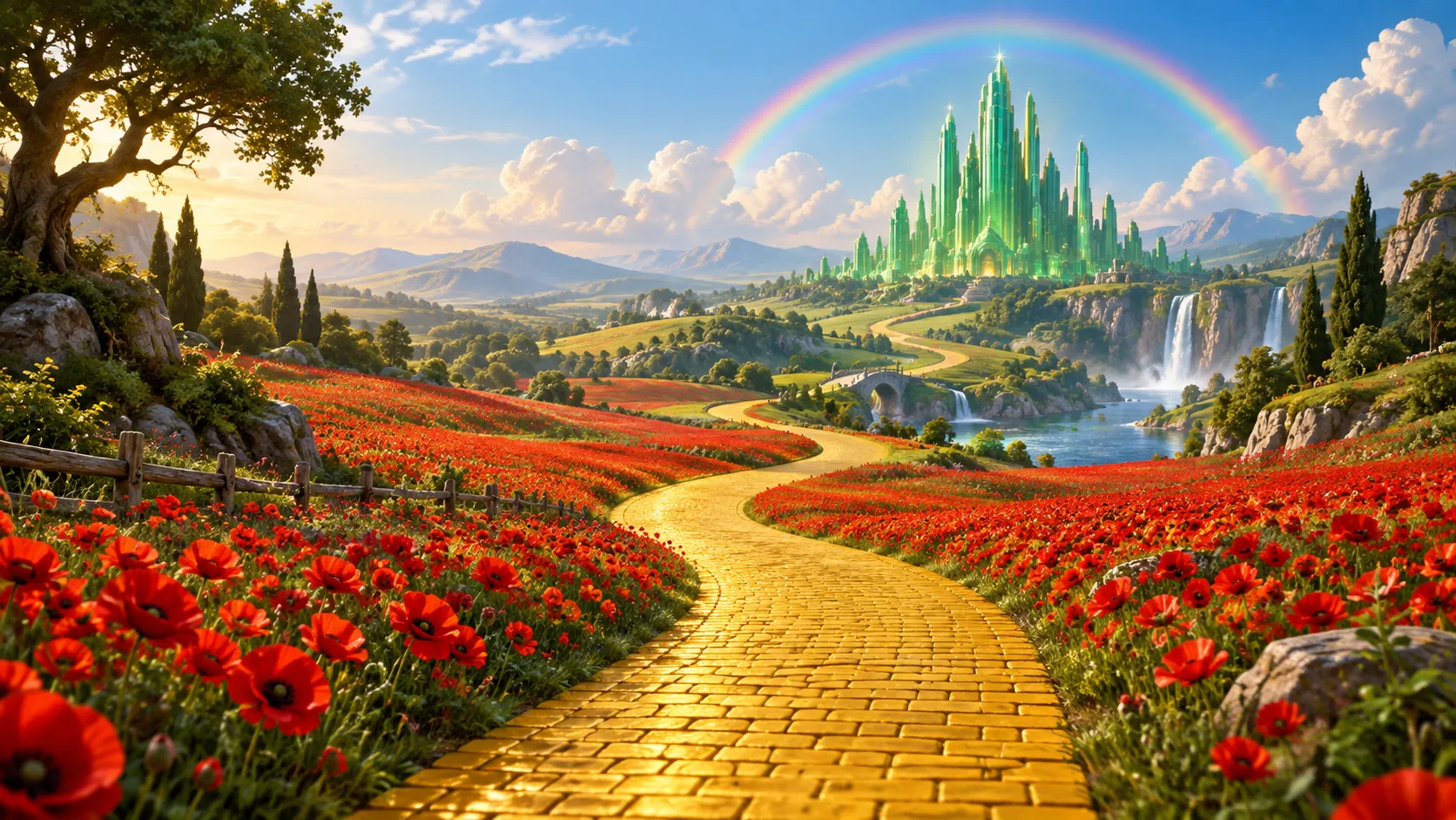 Golden brick road winding toward an emerald city beneath a rainbow