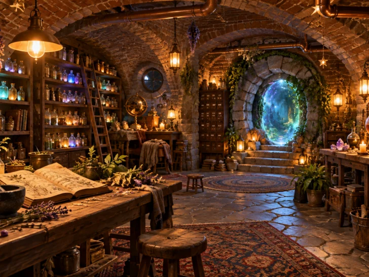 A hidden brick workshop glows with potions and a magical portal