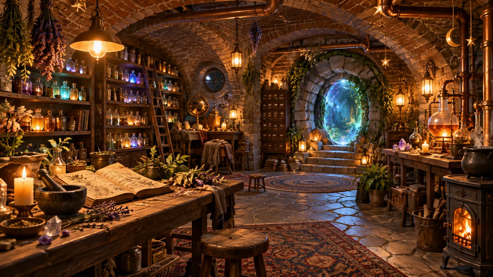 A hidden brick workshop glows with potions and a magical portal