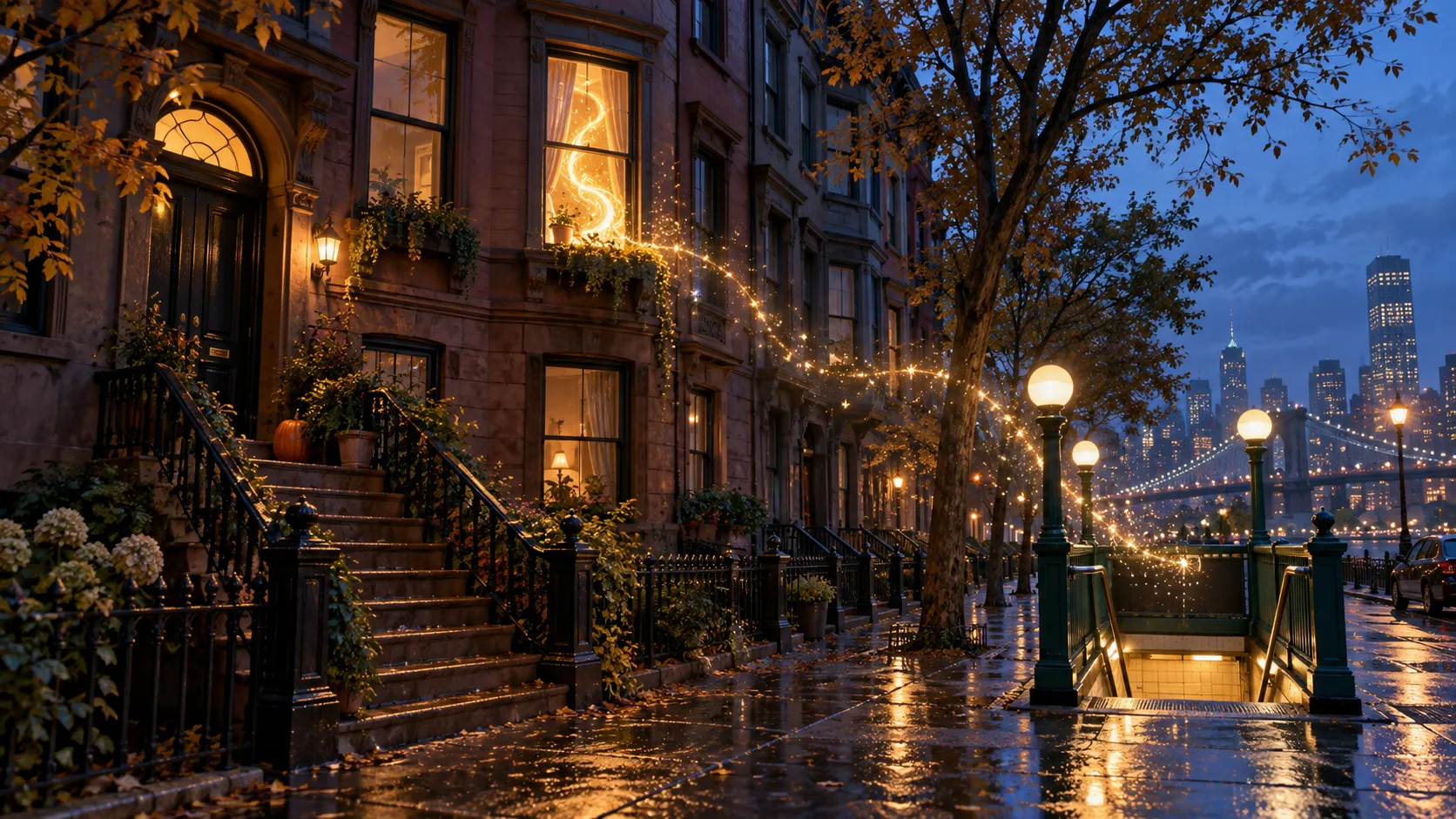 Golden magical light spills from a New York brownstone at night