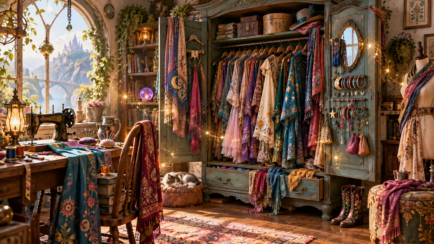 A colorful handmade wardrobe shimmers with harmless magical sparks