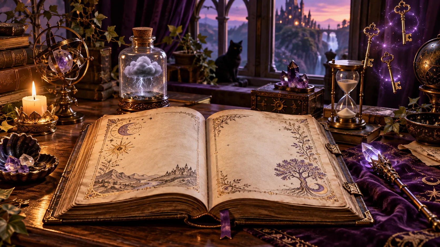 An illustrated spellbook rests among magical objects and floating keys