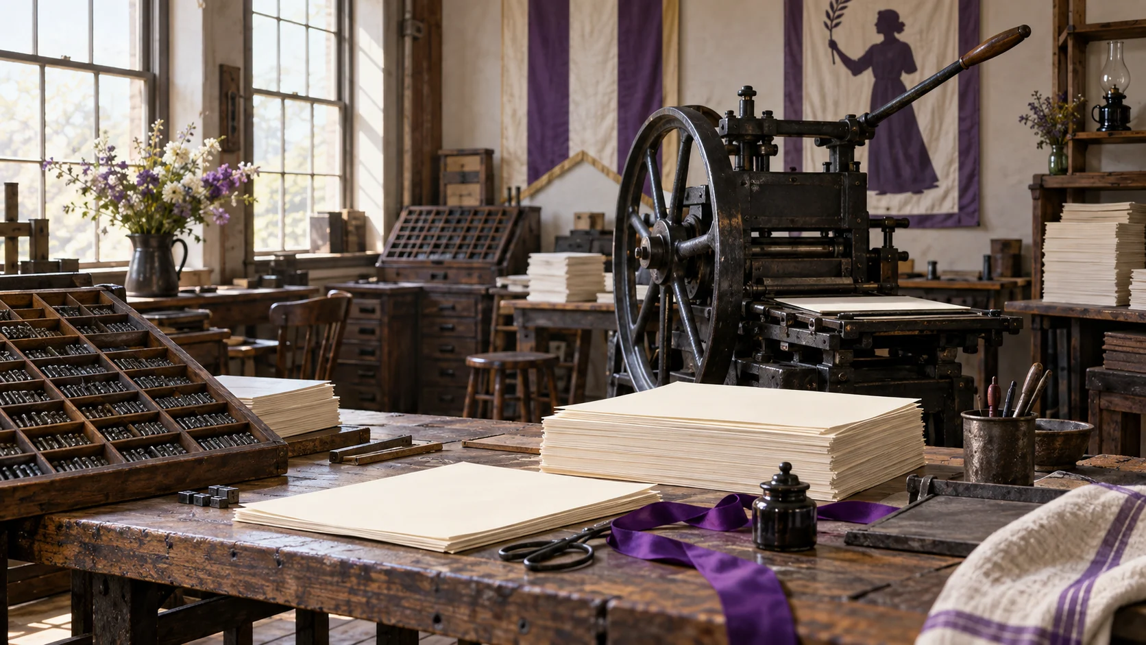Late-19th-century reform print shop with hand press, blank petition sheets, and purple ribbon