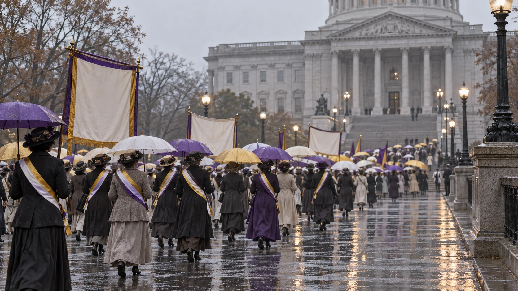Early-20th-century suffrage procession with purple, white, and gold umbrellas and blank banners