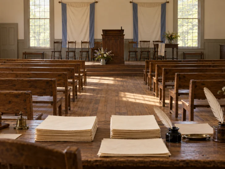 1848 convention hall with wooden benches, lectern, quill pens, and blank declaration pages