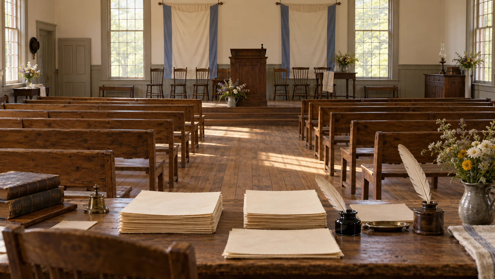 1848 convention hall with wooden benches, lectern, quill pens, and blank declaration pages