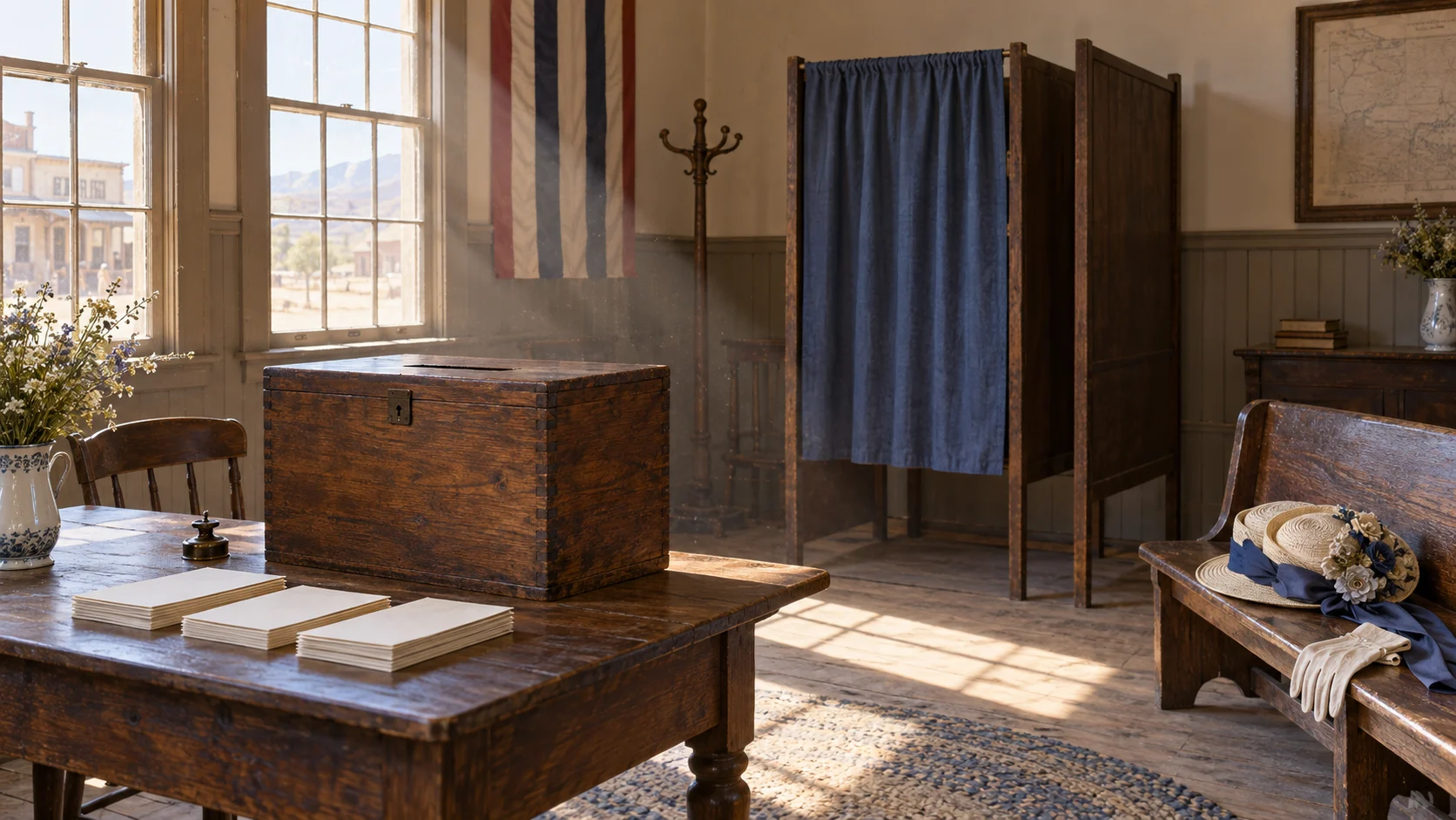 1890s western polling room with wooden ballot box, privacy curtain, hat, and gloves
