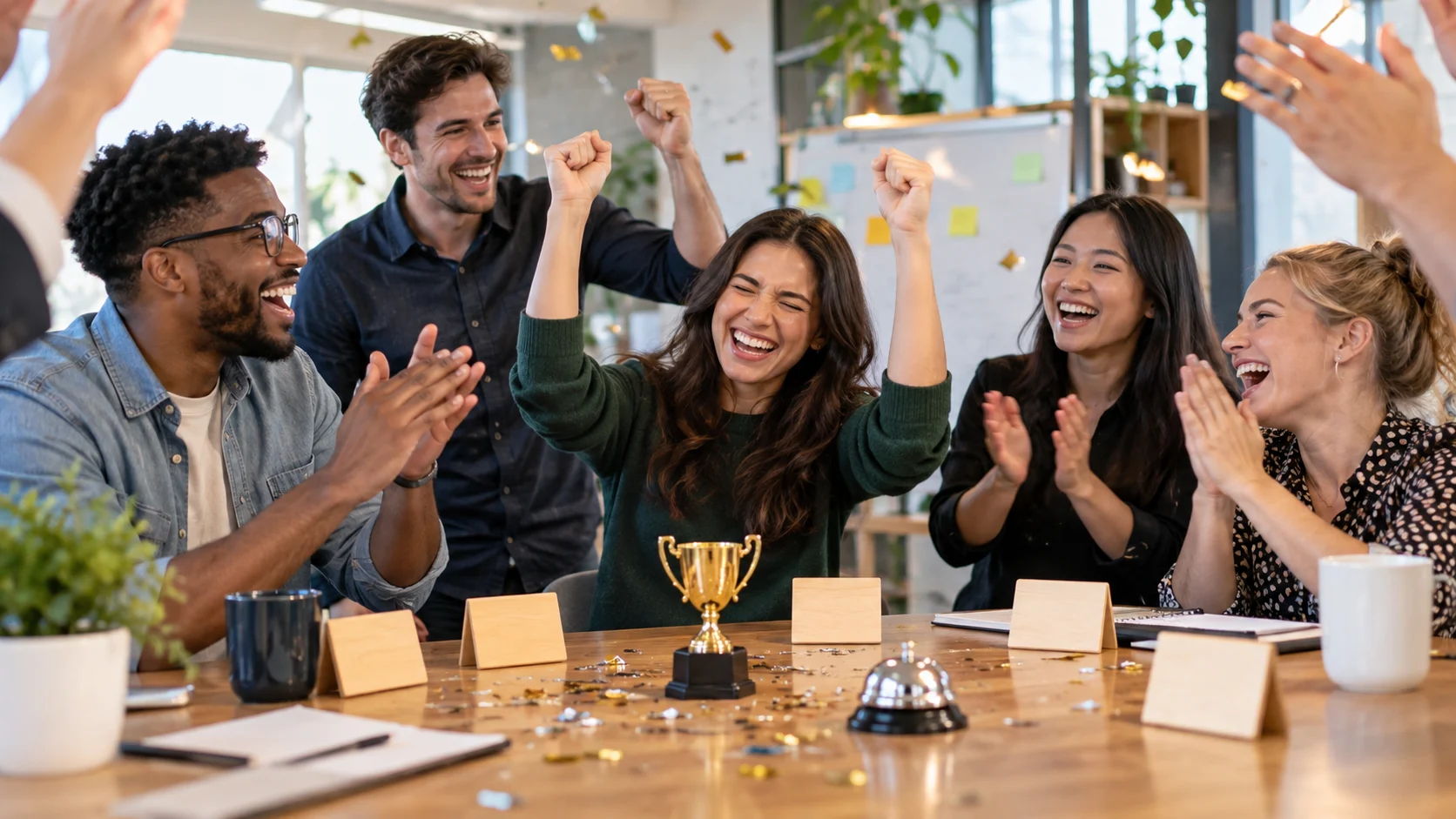 Coworkers celebrating around a trophy quiz bell and blank score cards
