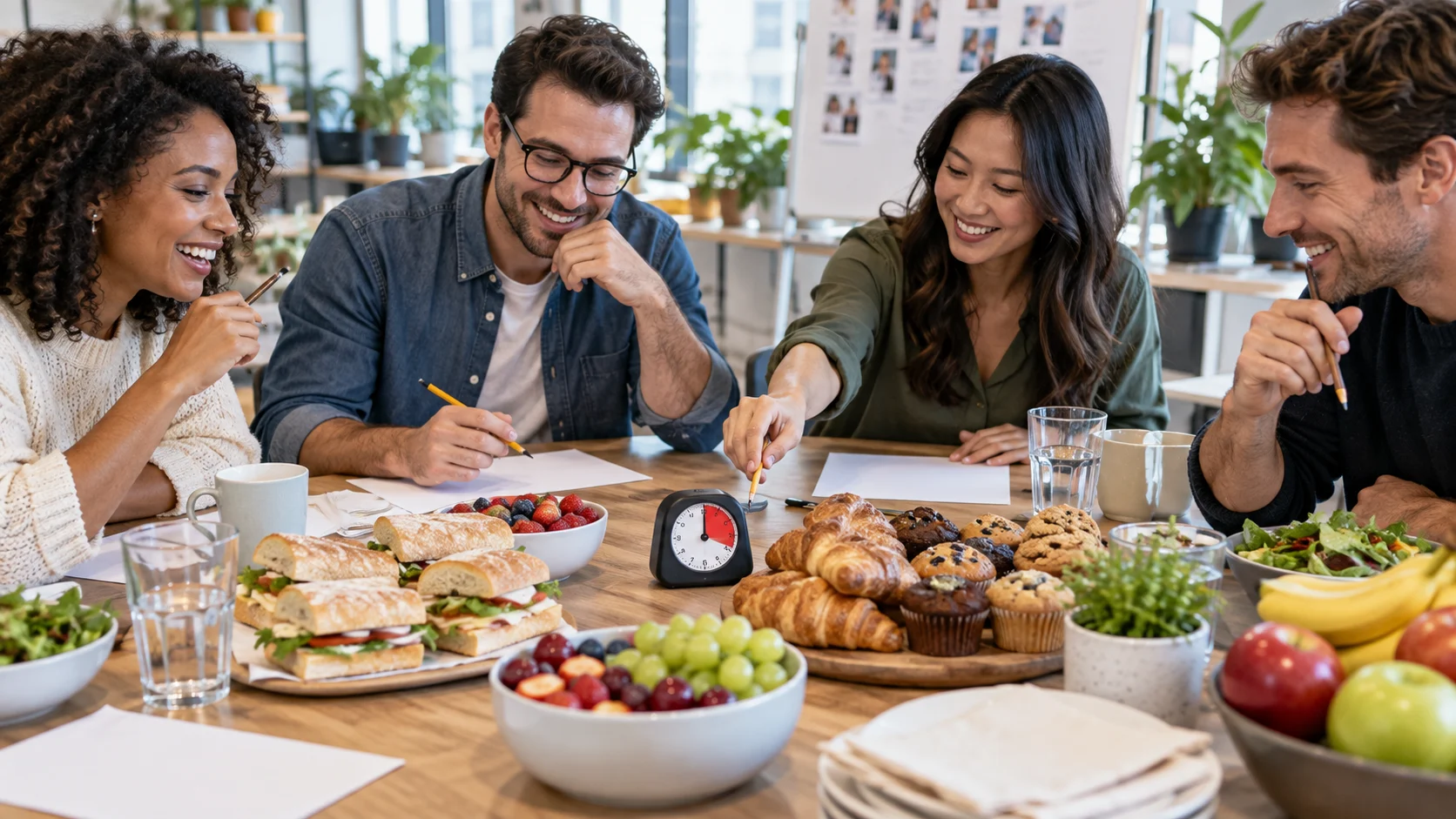Coworkers solving quiz questions beside sandwiches fruit and pastries