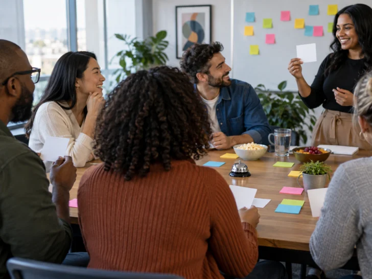 Coworkers enjoying a friendly trivia game around a conference table