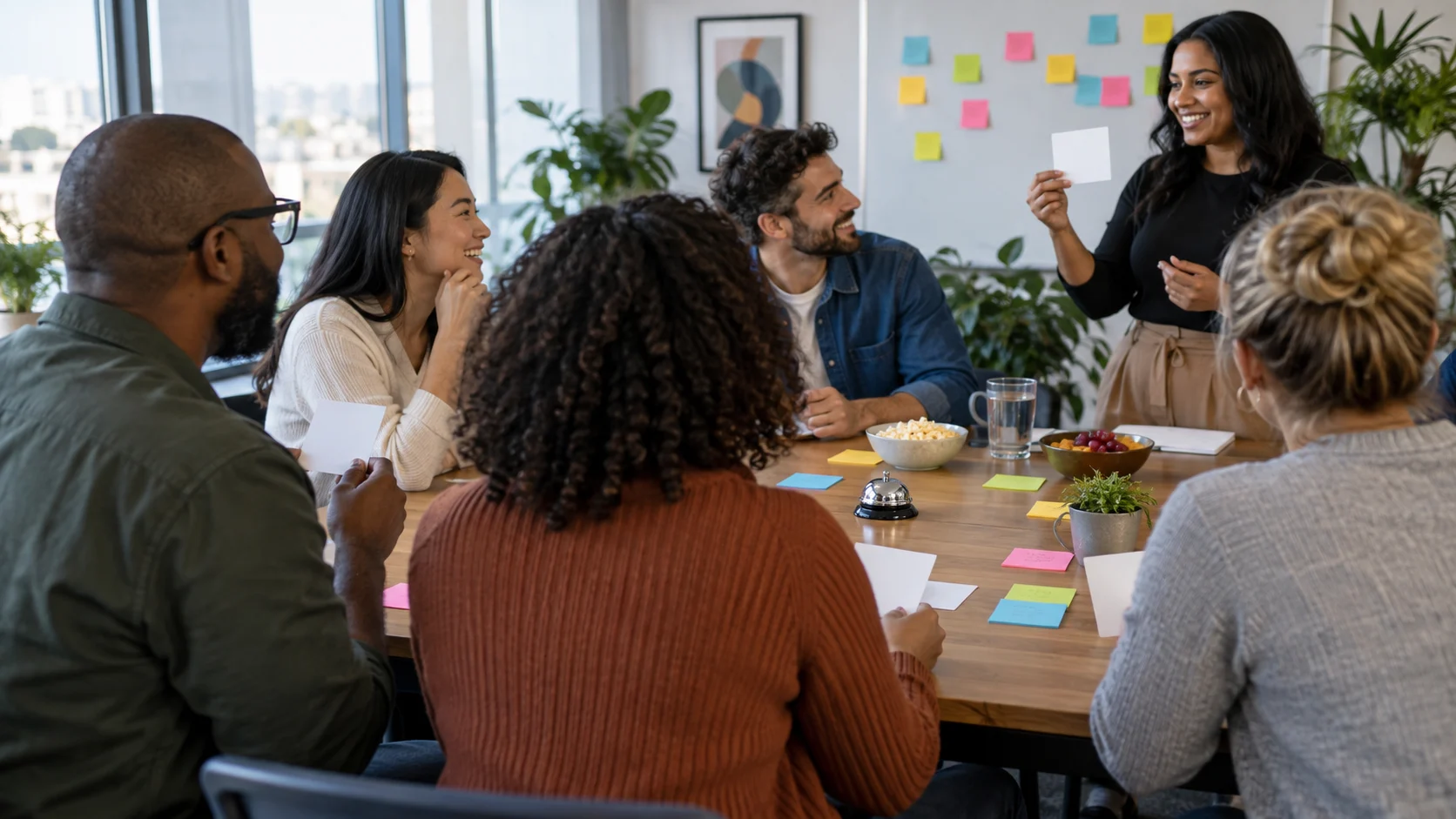 Coworkers enjoying a friendly trivia game around a conference table