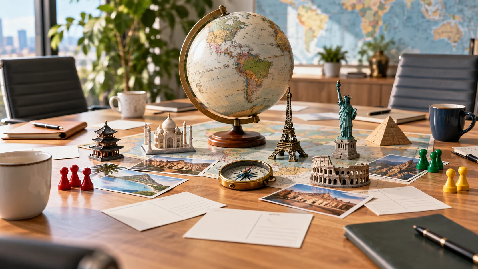 Globe compass postcards and miniature landmarks on a conference table